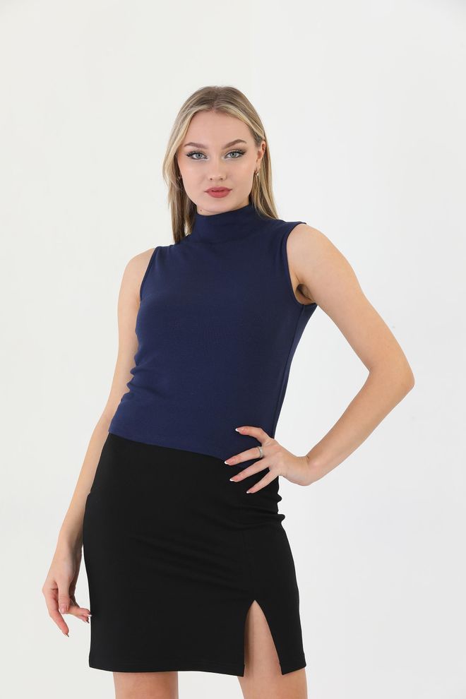 EDELLE Edelle Navy Turtleneck Zero Sleeve Ribbed Blouse Wholesale Clothing No Fabric