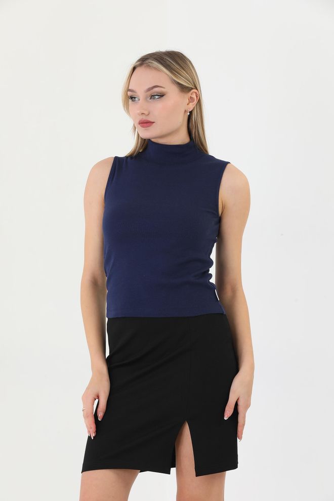 EDELLE Edelle Navy Turtleneck Zero Sleeve Ribbed Blouse Wholesale Clothing Birthday