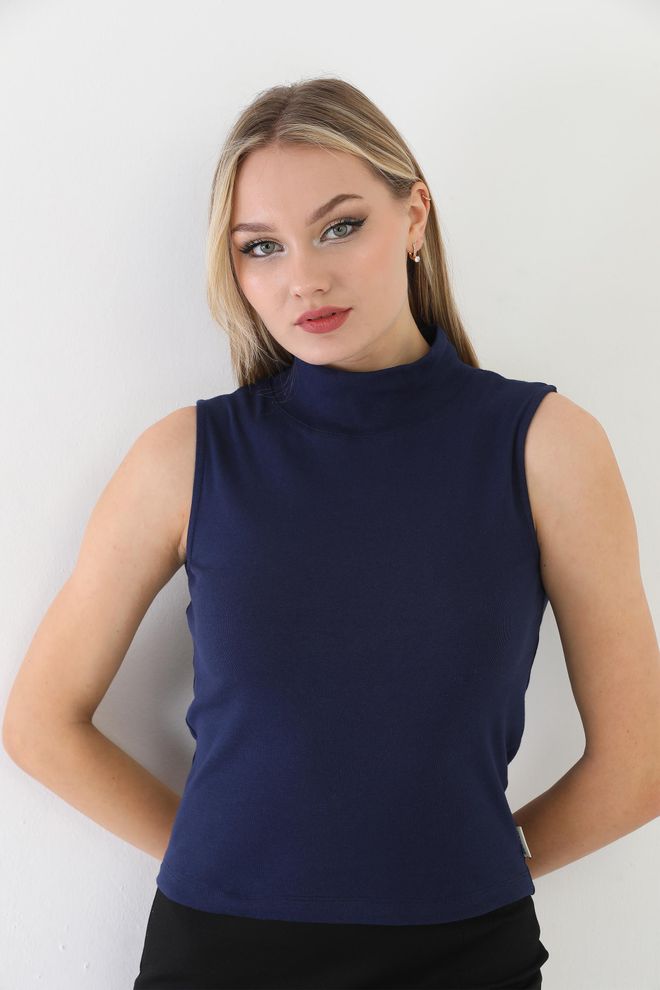 EDELLE Edelle Navy Turtleneck Zero Sleeve Ribbed Blouse Wholesale Clothing 5