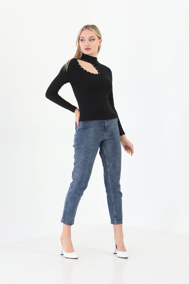 EDELLE T shirt Côtelé À Manches Longues Et Col Roulé Noir À Col Roulé Et Brodé De Pierres Edelle Vêtements en gros Décontracté