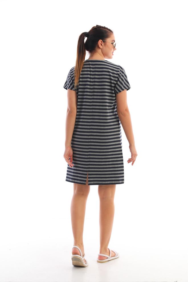 EDELLE Edelle Navy Grey Striped Short Sleeve Pocket Dress Wholesale Clothing Casual