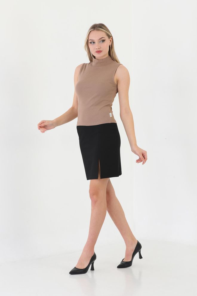 EDELLE Edelle Brown Turtleneck Zero Sleeve Ribbed Blouse Wholesale Clothing Birthday