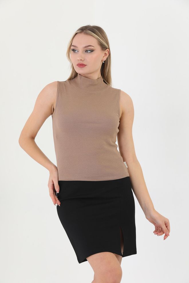 EDELLE Edelle Brown Turtleneck Zero Sleeve Ribbed Blouse Wholesale Clothing Spring