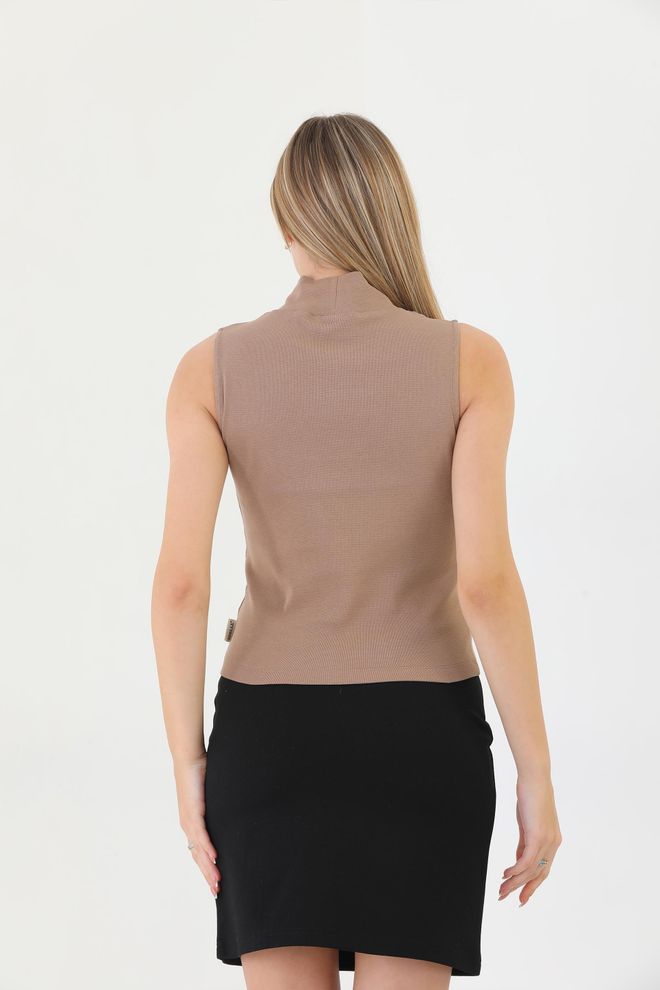 EDELLE Edelle Brown Turtleneck Zero Sleeve Ribbed Blouse Wholesale Clothing 4