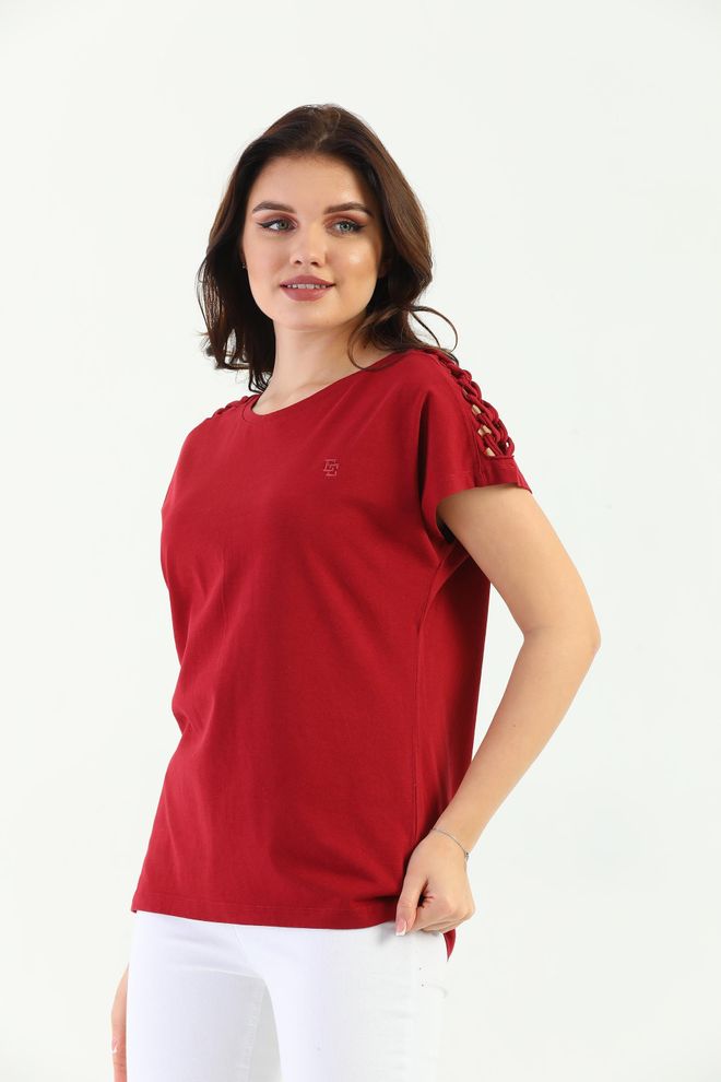 EDELLE Edelle Burgundy Shoulder Braided Women's T Shirt Wholesale Clothing Casual