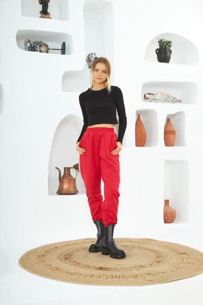 A model wears 2594 - Seal Performance Fleece Jogger Sweatpants with Pockets - Red, wholesale Sweatpants of Evable to display at Lonca