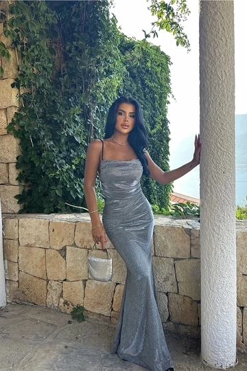 A wholesale clothing model wears  Gray Strappy Glittery Long Evening Dress
, Turkish wholesale Dress of EYYO