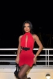 A wholesale clothing model wears eyo10501-rose-detail-mini-dress-red, Turkish wholesale  of 