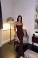 A wholesale clothing model wears eyo10570-brown-strappy-long-dress, Turkish wholesale  of 