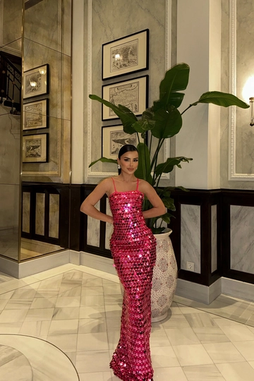 A wholesale clothing model wears  Fuchsia Strappy Sequin Detail Strap Dress
, Turkish wholesale Dress of EYYO