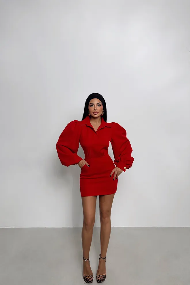 EYYO ATELIER Μίνι Φόρεμα Γιακά Πουκαμίσου Κόκκινο Χονδρικό εμπόριο ενδυμάτων Κομψό
