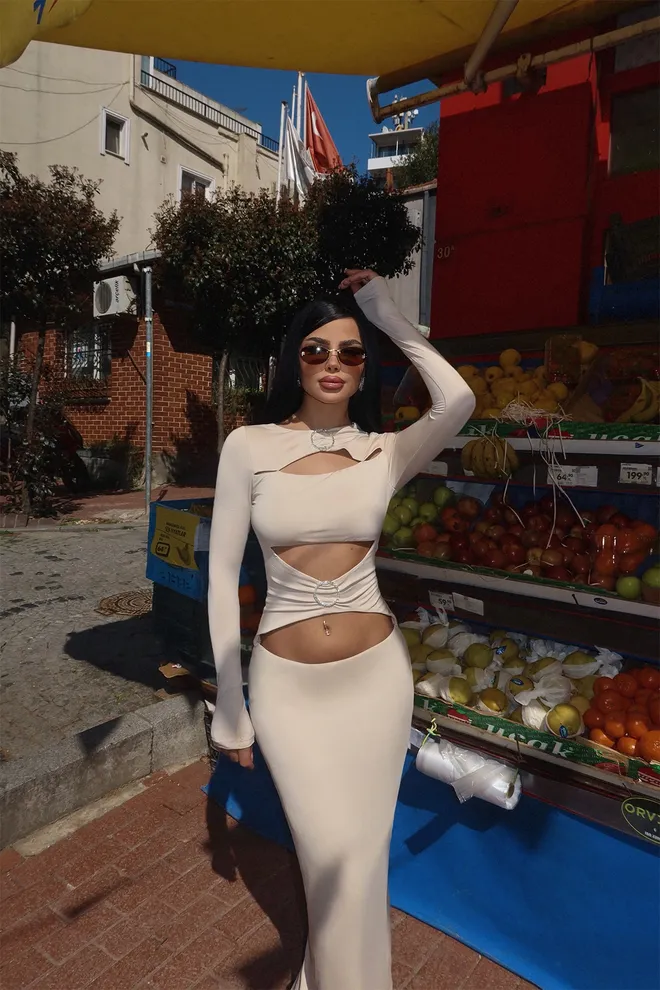 EYYO ATELIER Cream Ring Detail Long Dress Wholesale Clothing Fall