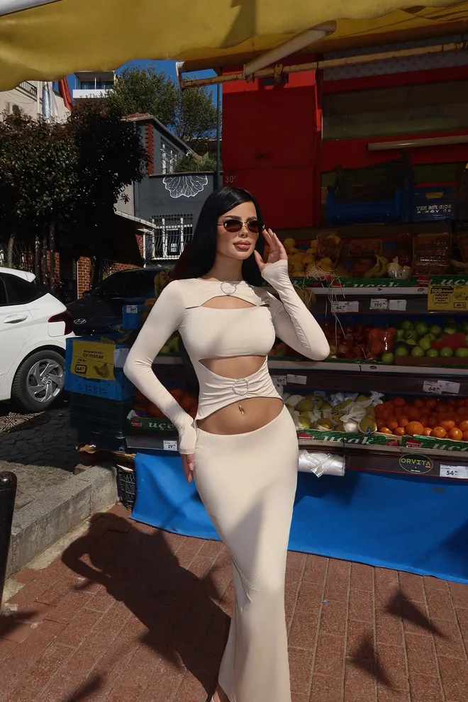 EYYO ATELIER Cream Ring Detail Long Dress Wholesale Clothing Evening