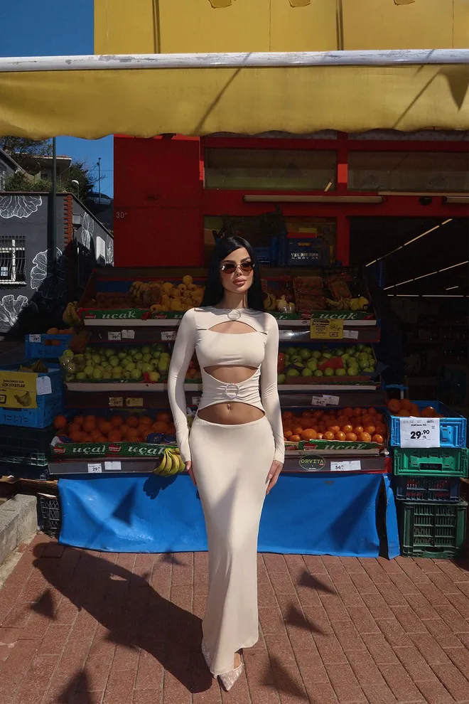 EYYO ATELIER Cream Ring Detail Long Dress Wholesale Clothing Polyester