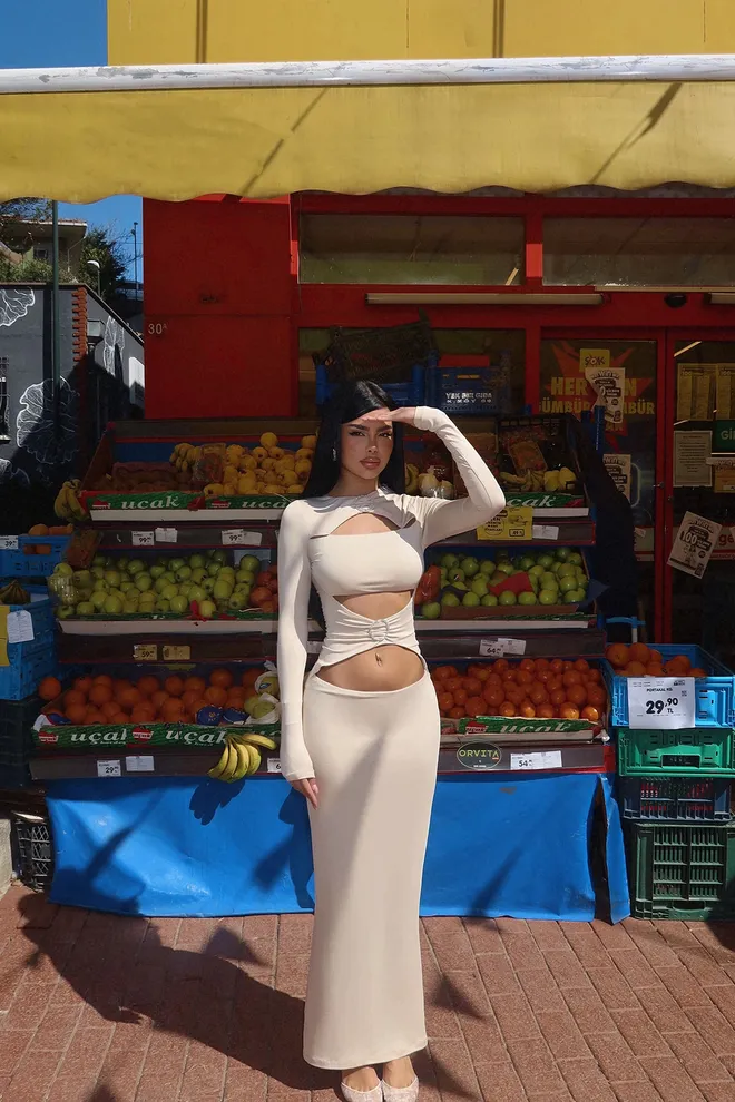 EYYO ATELIER Cream Ring Detail Long Dress Wholesale Clothing Elegant