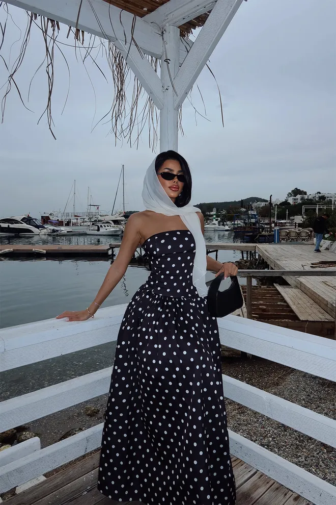 EYYO ATELIER Black Tara Polka Dot Long Dress Wholesale Clothing Elegant