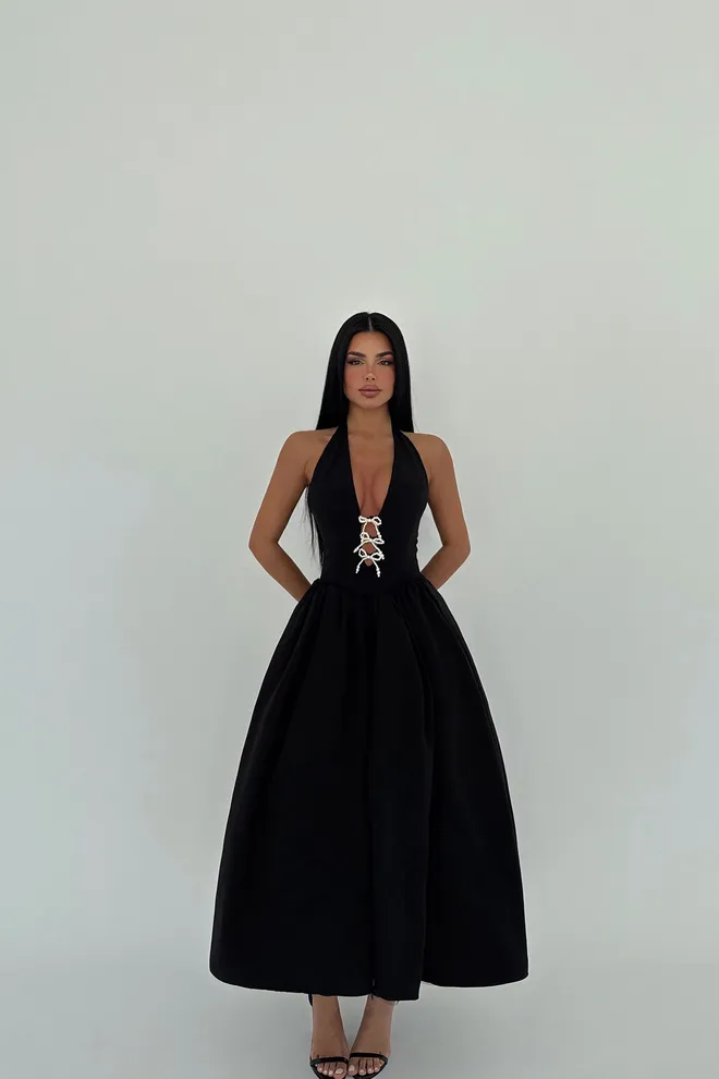 EYYO ATELIER Schwarzes Ballerina Kleid Mit Perlendetail Und Schleifendetail Großhandelskleidung Elegant
