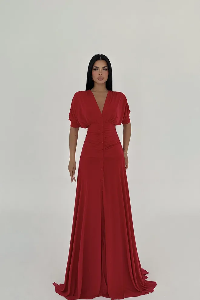 EYYO ATELIER Abito Lungo Con Bottoni Rossi Abbigliamento all'ingrosso Elegante