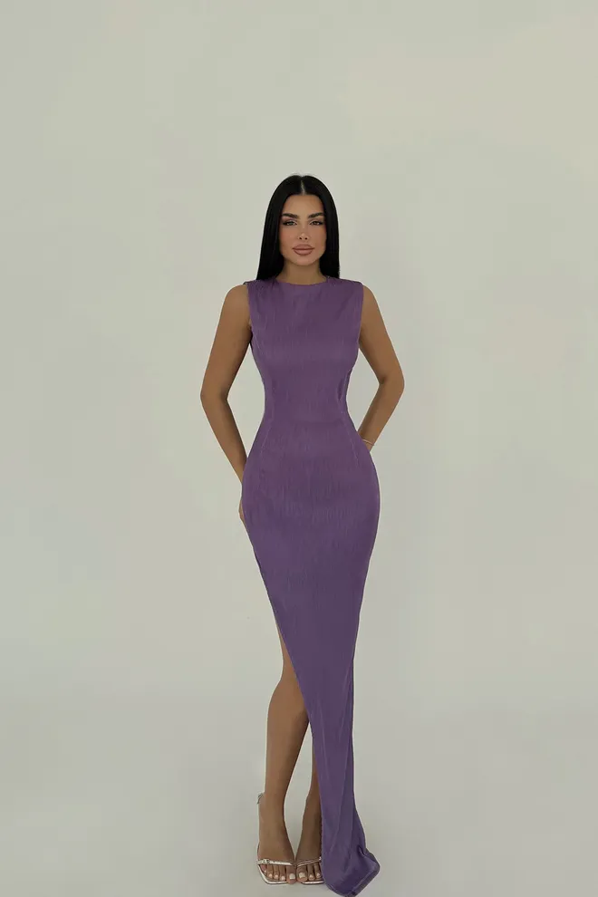 EYYO ATELIER Purple Deep Slit Long Dress Wholesale Clothing Elegant