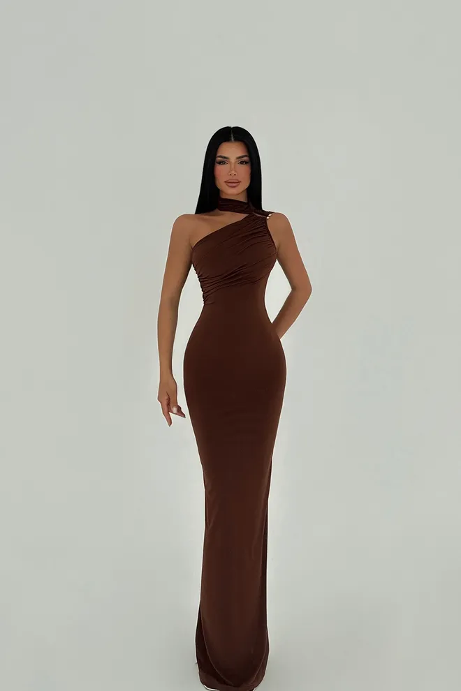 EYYO ATELIER Abito Marrone Con Dettagli Sulle Spalle Abbigliamento all'ingrosso Elegante