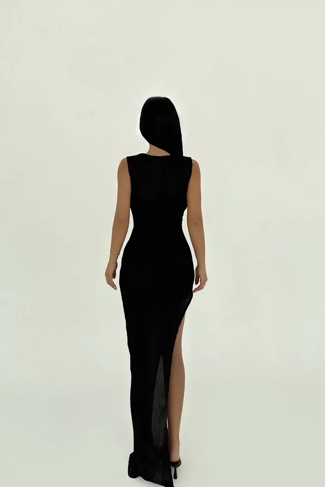 EYYO ATELIER Black Deep Slit Long Dress Wholesale Clothing Evening