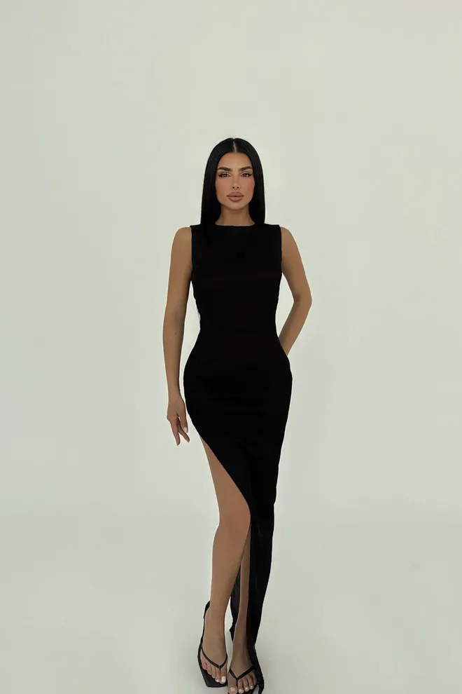 EYYO ATELIER Black Deep Slit Long Dress Wholesale Clothing Elegant