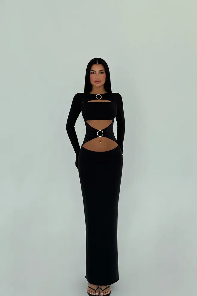 EYYO ATELIER Black Ring Detail Long Dress Wholesale Clothing Elegant