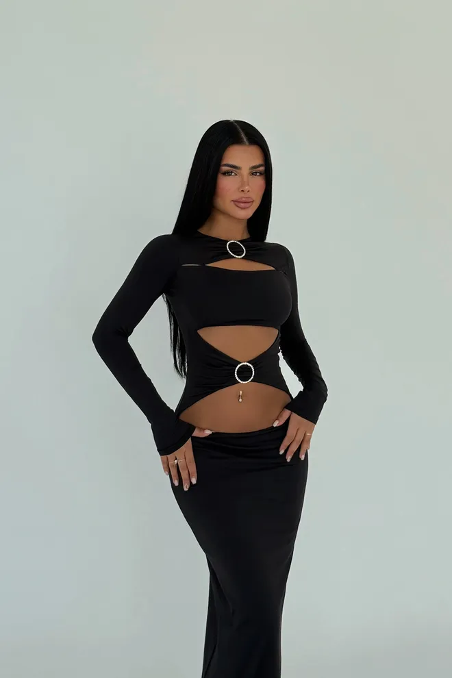 EYYO ATELIER Black Ring Detail Long Dress Wholesale Clothing Polyester