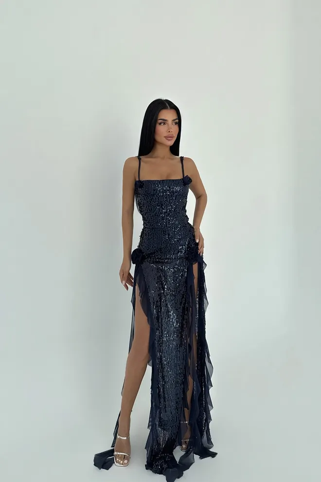 EYYO ATELIER Navy Blue Paxton Sequined Long Slit Dress Wholesale Clothing Polyester