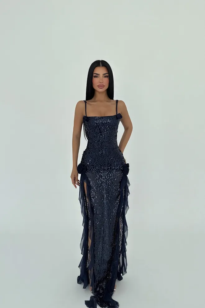 EYYO ATELIER Navy Blue Paxton Sequined Long Slit Dress Wholesale Clothing Elegant