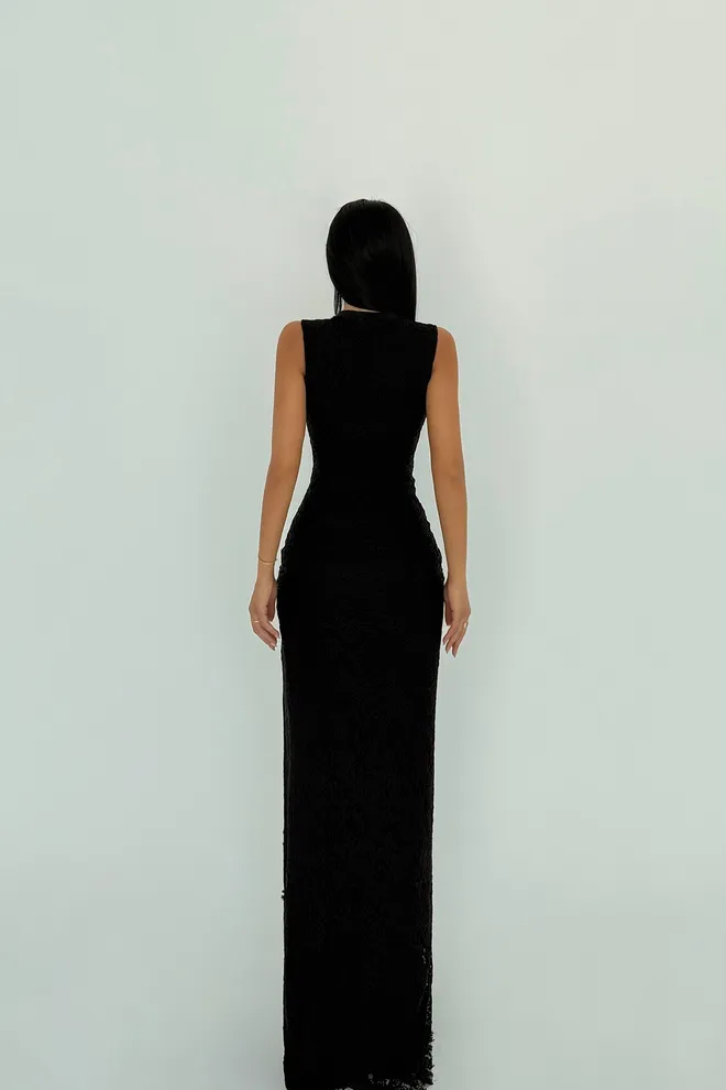 EYYO ATELIER Siyah Broş Detaylı Uzun Elbise Toptan Giyim Akşam