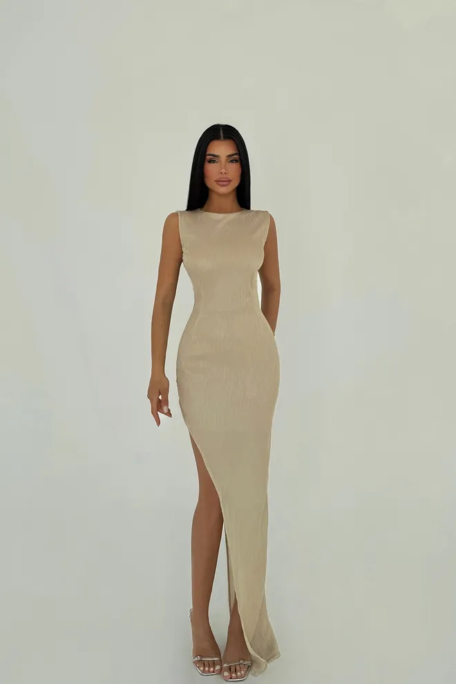 EYYO ATELIER Cream Deep Slit Long Dress Wholesale Clothing Elegant