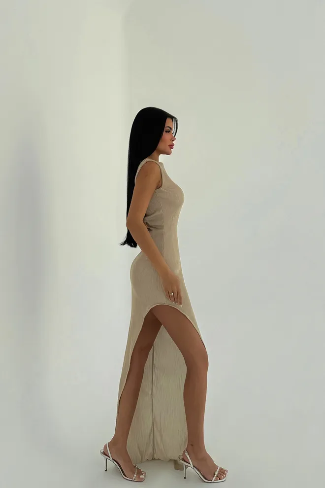 EYYO ATELIER Cream Deep Slit Long Dress Wholesale Clothing Polyester