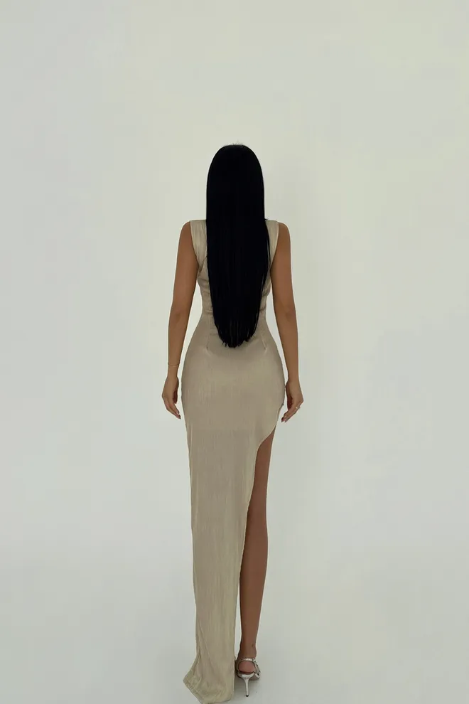 EYYO ATELIER Cream Deep Slit Long Dress Wholesale Clothing Evening