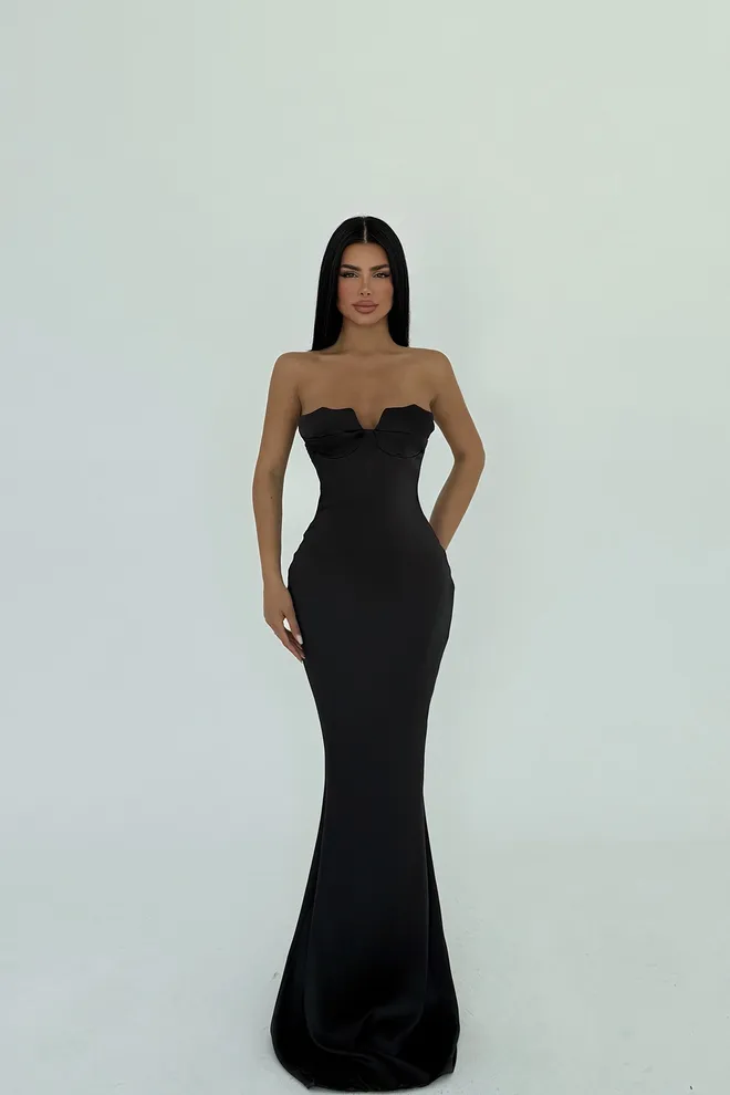 EYYO ATELIER فستان Galian طويل بدون حمالات أسود ملابس بالجملة رائع