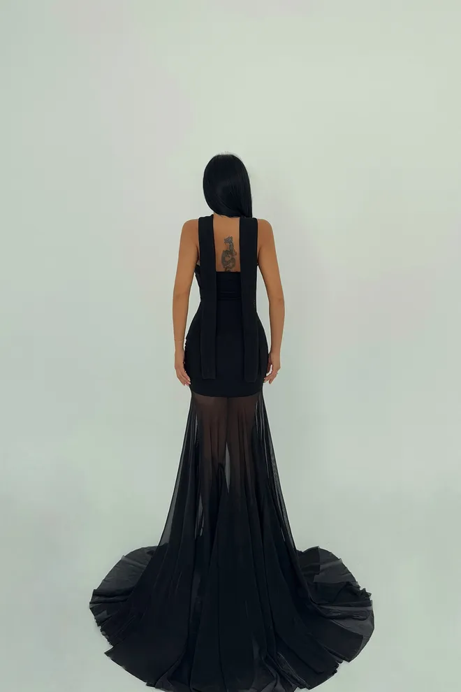 EYYO ATELIER Črna Obleka Iz Tila Z Dolgim Krilom Marianna Oblačila na debelo Eleganten
