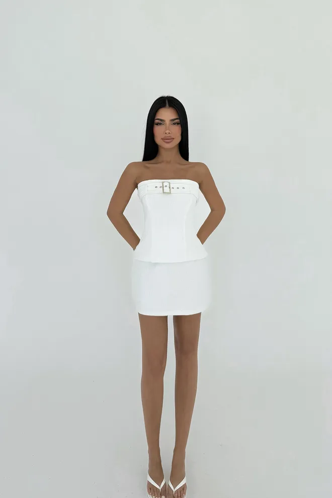 EYYO ATELIER Traje De Falda Blanco Con Detalle De Cinturón Ropa al por mayor Preppy