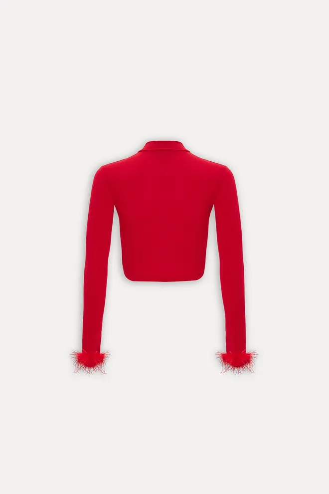 EYYO ATELIER Red Sleeves Feather Detail Blouse Wholesale Clothing Dating