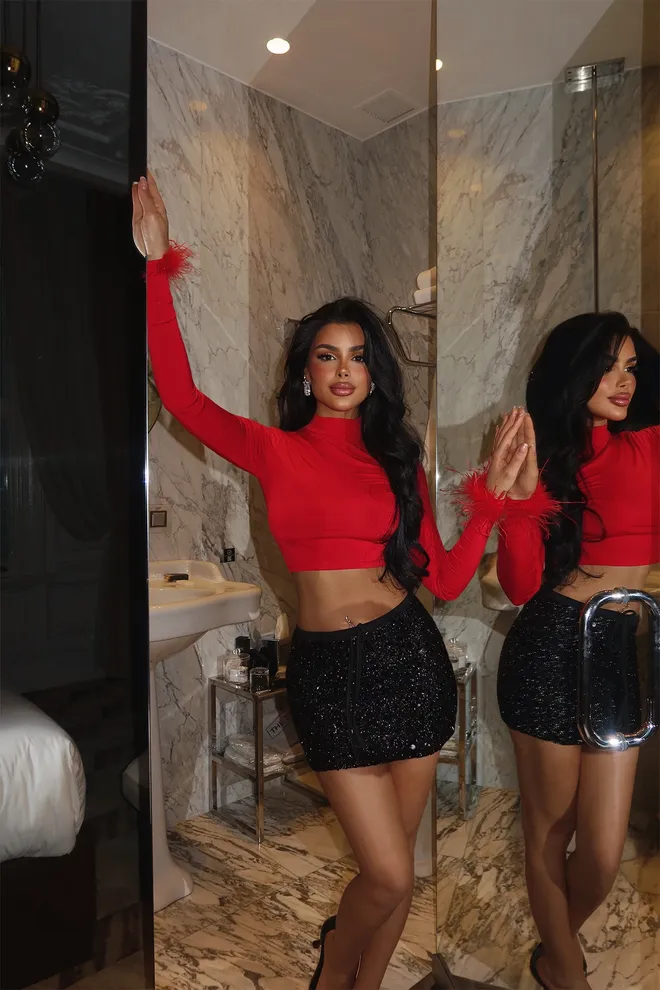 EYYO ATELIER Red Sleeves Feather Detail Blouse Wholesale Clothing Winter