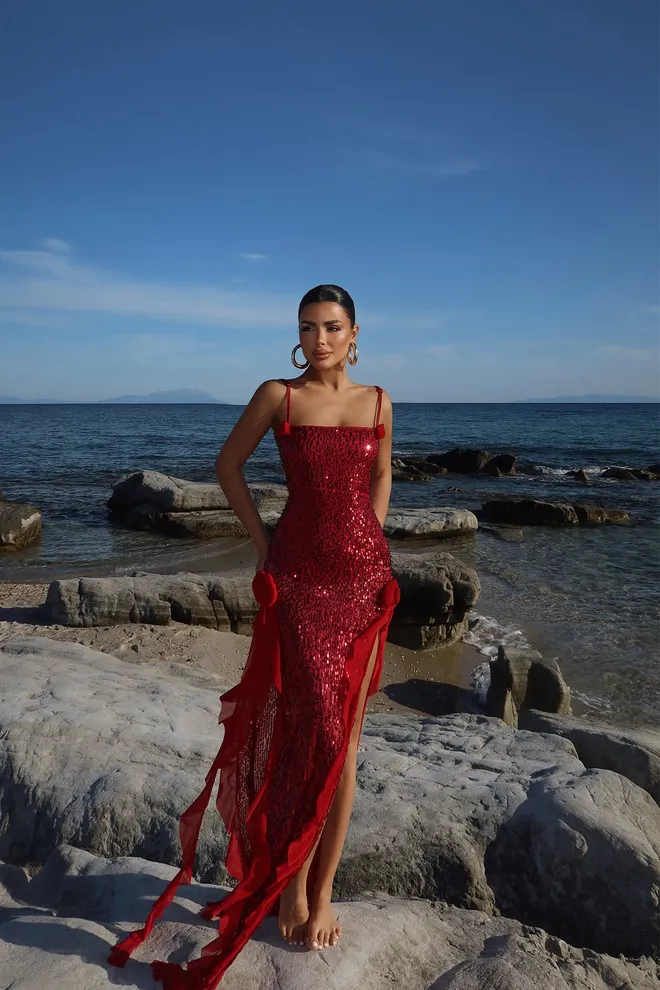 EYYO ATELIER Red Paxton Sequined Long Slit Dress Wholesale Clothing Polyester