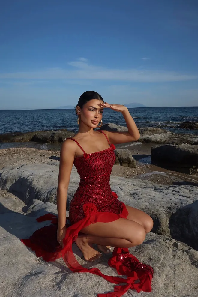 EYYO ATELIER Red Paxton Sequined Long Slit Dress Wholesale Clothing Spring