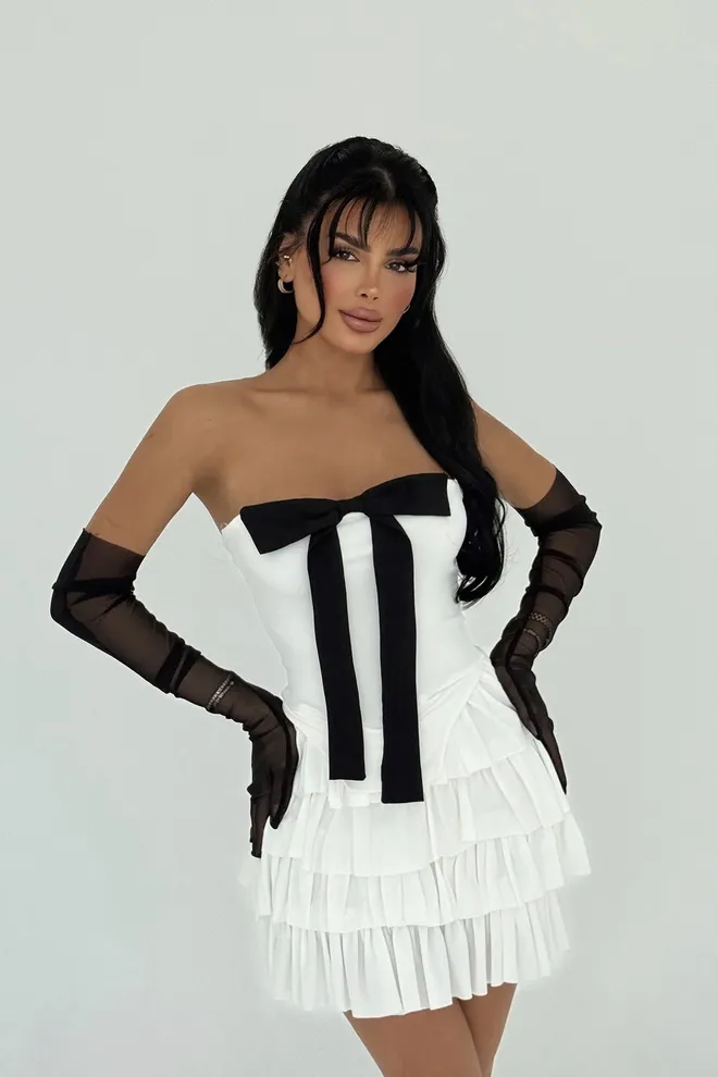 EYYO ATELIER Eldivenli Beyaz Straplez Elbise Toptan Giyim 5