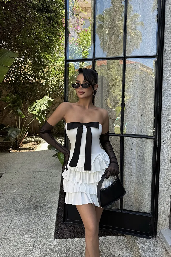 EYYO ATELIER Eldivenli Beyaz Straplez Elbise Toptan Giyim 2