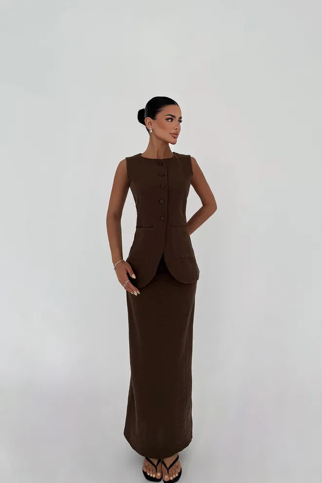 EYYO ATELIER Bruine Rokkostuum Groothandel Kleding Elegant