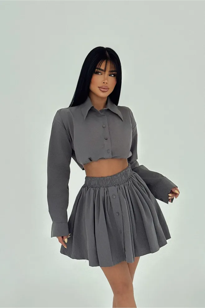 EYYO ATELIER Gri Önü Düğmeli Etek Takım Toptan Giyim Zarif