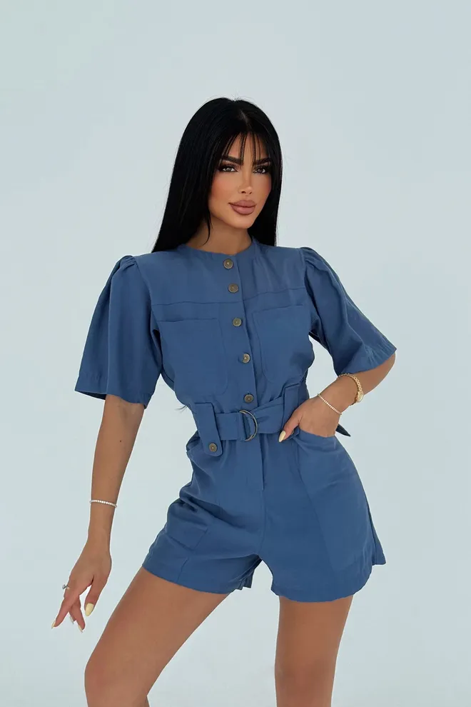 EYYO ATELIER Blue Pocket Detail Buttoned Jumpsuit Wholesale Clothing Casual
