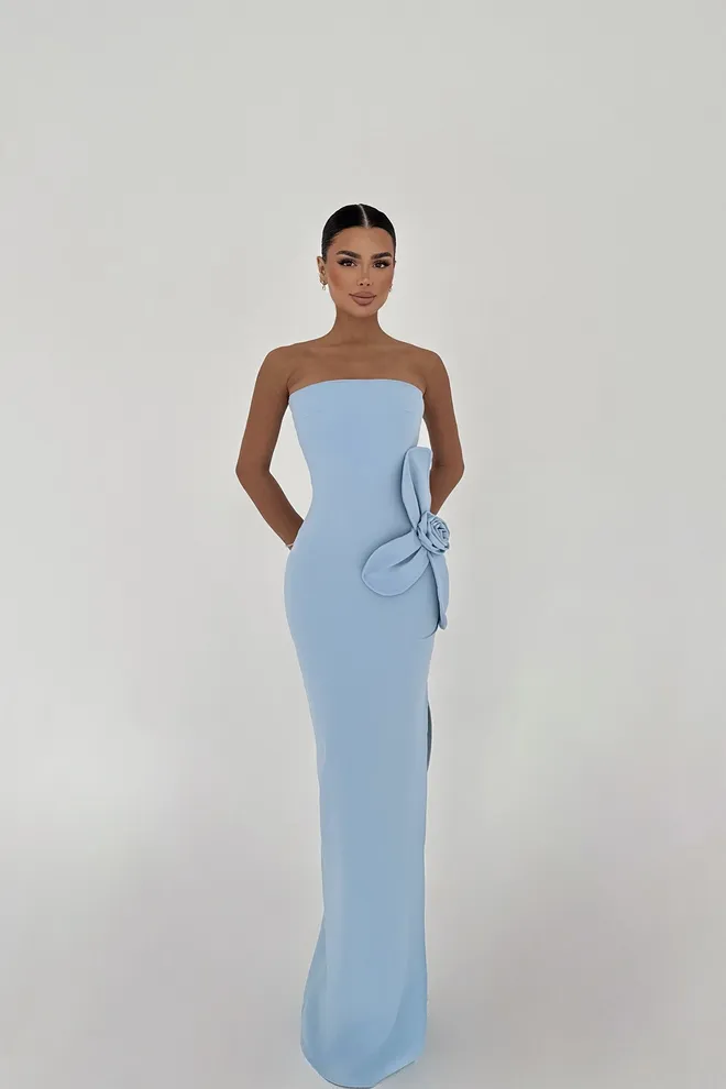 EYYO ATELIER Blaues Daysi Trägerloses Kleid Großhandelskleidung Elegant