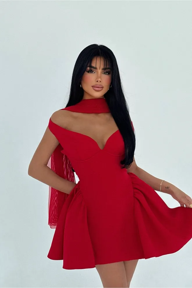 EYYO ATELIER Robe Rouge Sexy Coupe Cintrée Mini Avec Cou Chérie Sans Manches Vêtements en gros Sexy