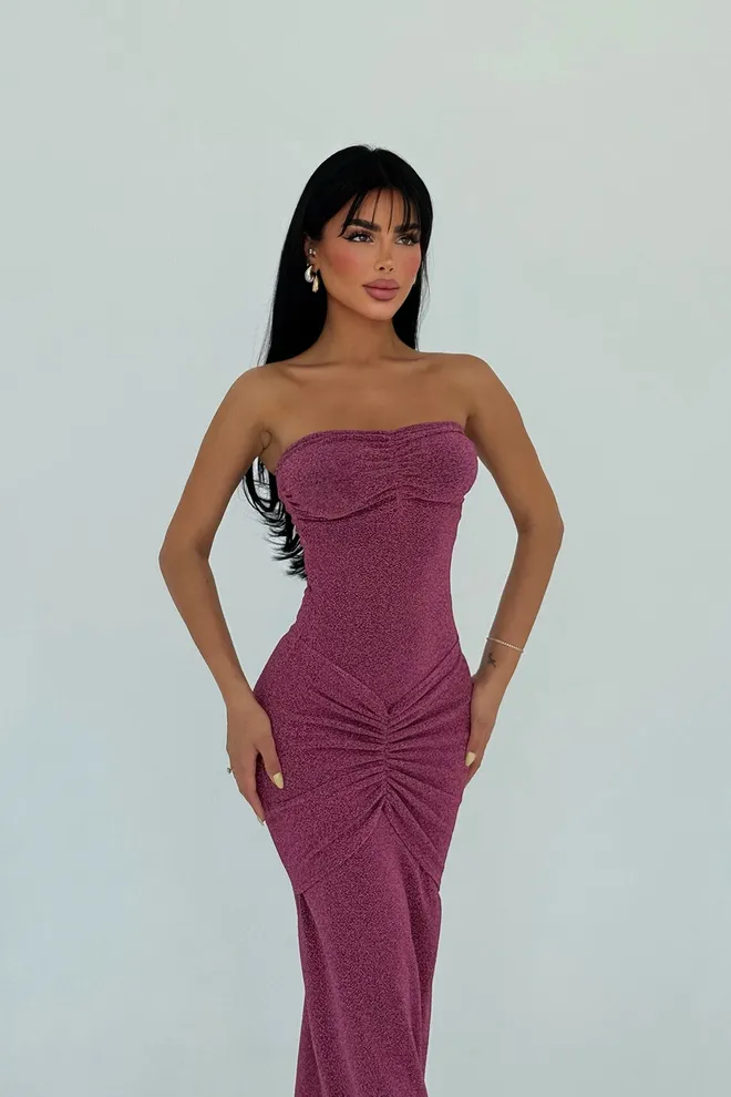 EYYO ATELIER Fuchsie Trägerlos Ärmellos Bodycon Bodenlang Kleid Großhandelskleidung Elegant