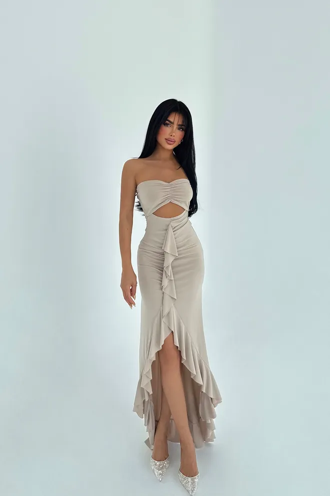 EYYO ATELIER Bege Sensual Elegante Formal Glamoroso T shirt Vestido Sem Mangas Midi Roupas por atacado Sensual